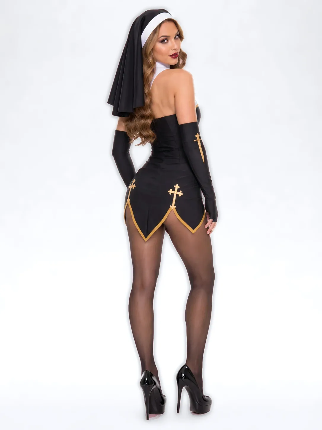 Nun Costume Mini Dress with Headpiece for Women - Black - View 2