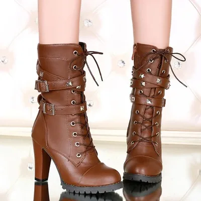 Rivet motorcycle boots oversize high heel ankle boots Brown - Shop at LoveMi
