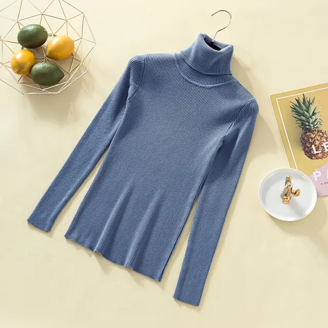 Knit high neck bottoming shirt candy color stretch top Blue - Shop at LoveMi