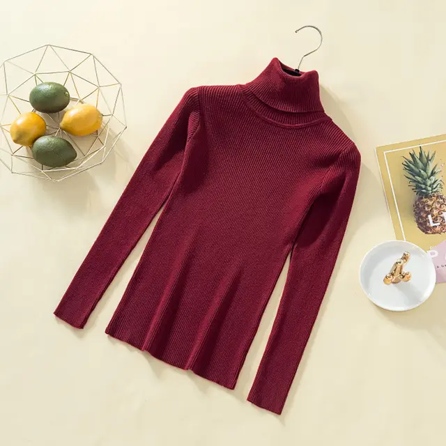 Knit high neck bottoming shirt candy color stretch top Wine Red - Shop at LoveMi