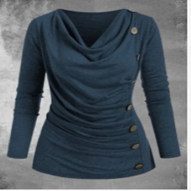 Multi Fold Collar Casual Fashion Long Sleeved T Shirt Navy Blue - Shop at LoveMi