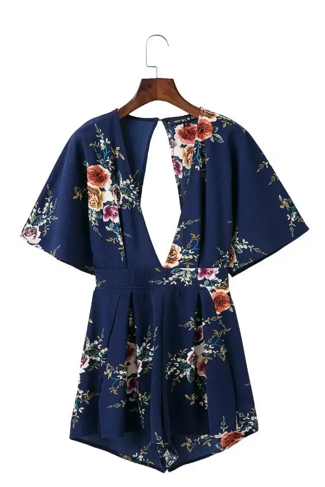 European and American fashion style retro trend flower pattern print sexy backless jumpsuit Navy Blue - Shop at LoveMi