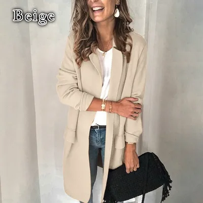 Solid color long sleeve fake pocket casual blazer Beige - Shop at LoveMi