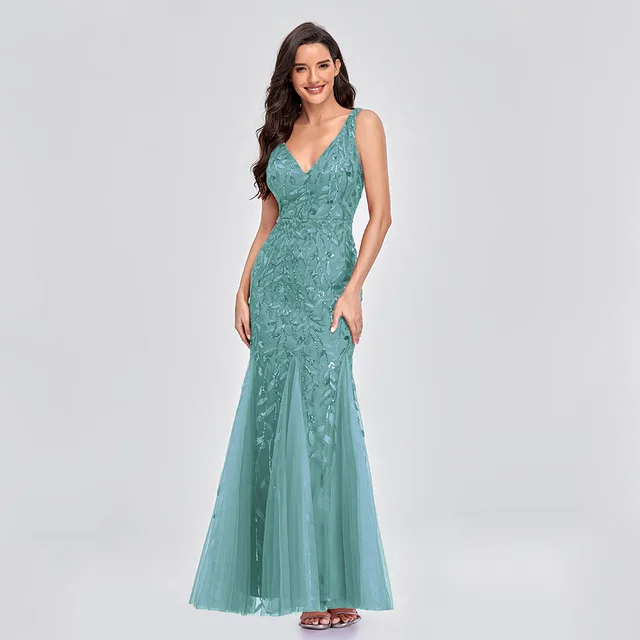 Sexy Long Dress Sleeveless V neck Embroidered Sequin Slim Mermaid Dress Bule - Shop at LoveMi