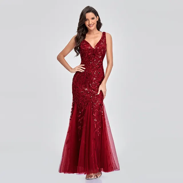 Sexy Long Dress Sleeveless V neck Embroidered Sequin Slim Mermaid Dress Red - Shop at LoveMi