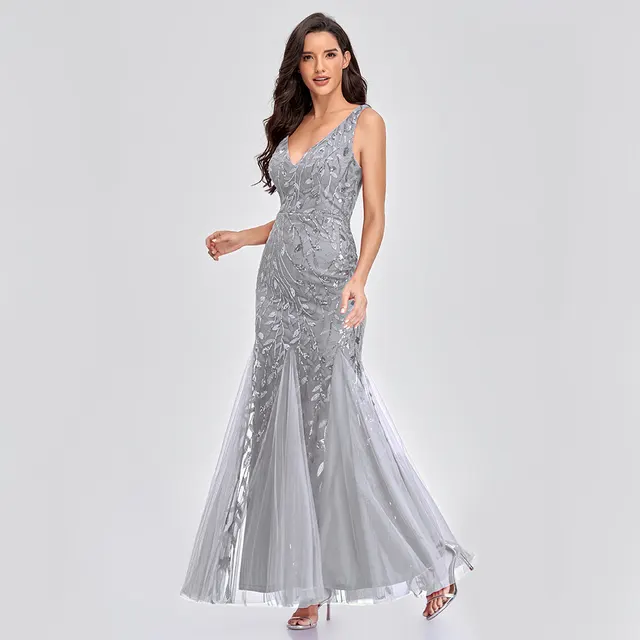 Sexy Long Dress Sleeveless V neck Embroidered Sequin Slim Mermaid Dress Silver Gray Grey - Shop at LoveMi