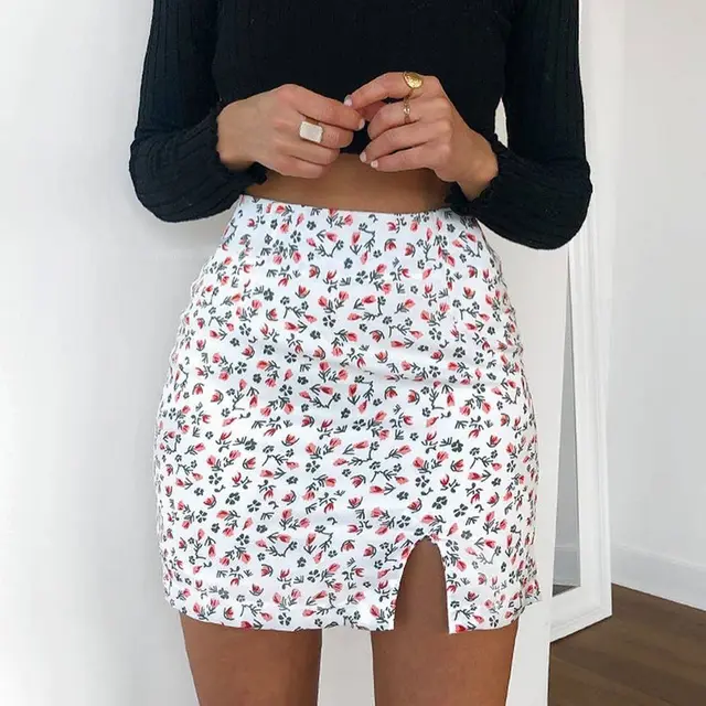 Unilateral Split Asymmetric Floral Short Skirt Female High Waisted Thin A Line Skirt White - Shop at LoveMi