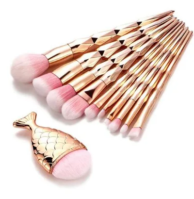 Diamond Rose Gold Makeup Brushes Set Mermaid Fishtail Shaped Foundation Powder Cosmetics Brush Rainbow Eyeshadow Brush Kit 11Pcs - Shop at LoveMi