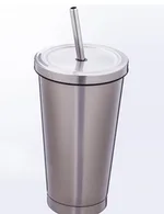500ML Stainless Steel Empty Tumbler Coffee Cup Mug with Straw Lids Drinking Bottles - Stainless Steel