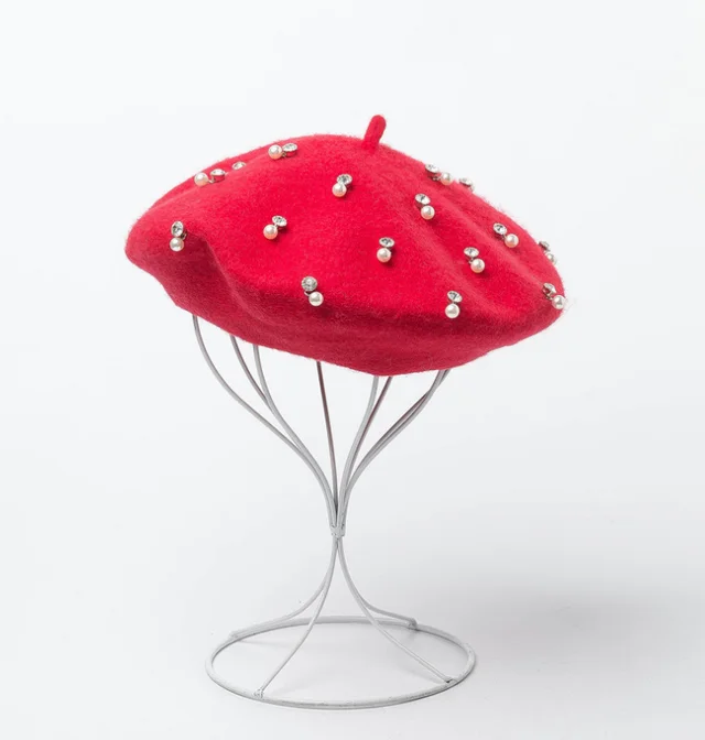 Rhinestone wool beret - Red
