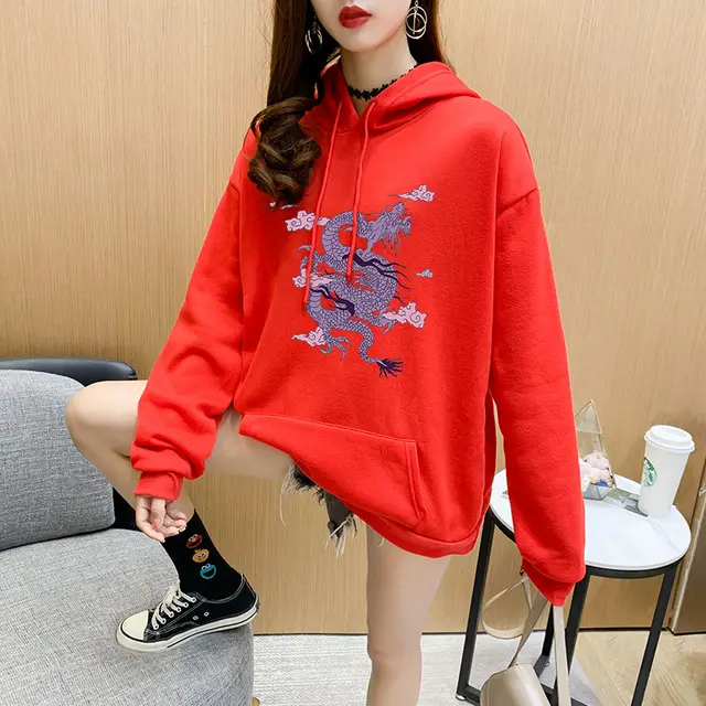 Cartoon Hooded Sweater Women Plus Velvet Dragon Print - Red