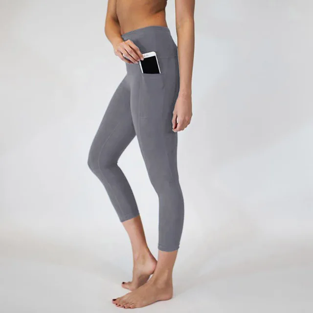 Solid color yoga pants for women with pockets - Grey