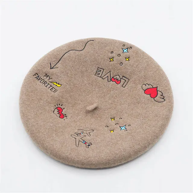 Small Plane Love Embroidery Wool Beret Artist Hat Mocha - Shop at LoveMi
