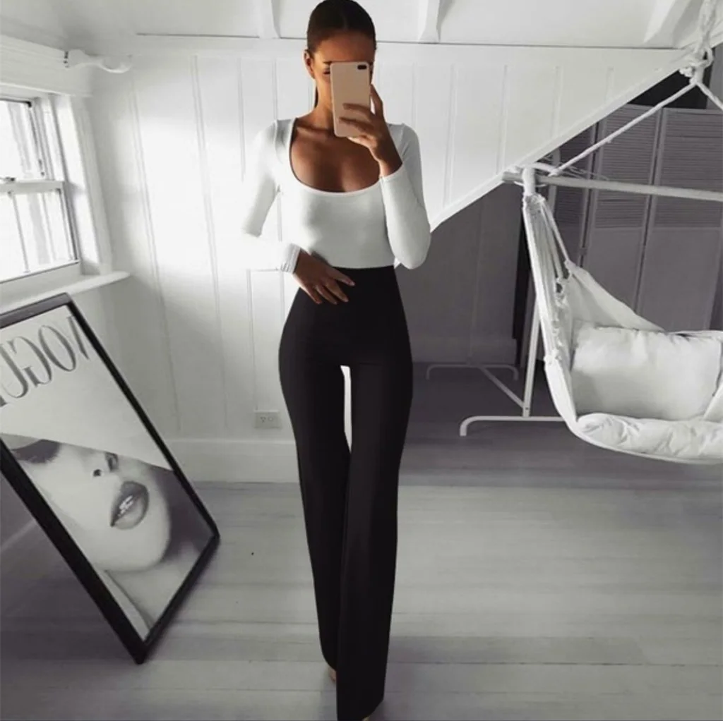Solid color high elastic slim belly bell pants - Black