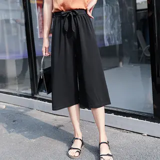 Wide leg pants female spring summer new Korean version of Broadway loose Chiffon leisure straight tie lace nine points waist waist pants - Black 7