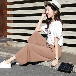 Wide leg pants female spring summer new Korean version of Broadway loose Chiffon leisure straight tie lace nine points waist waist pants - Khaki 9