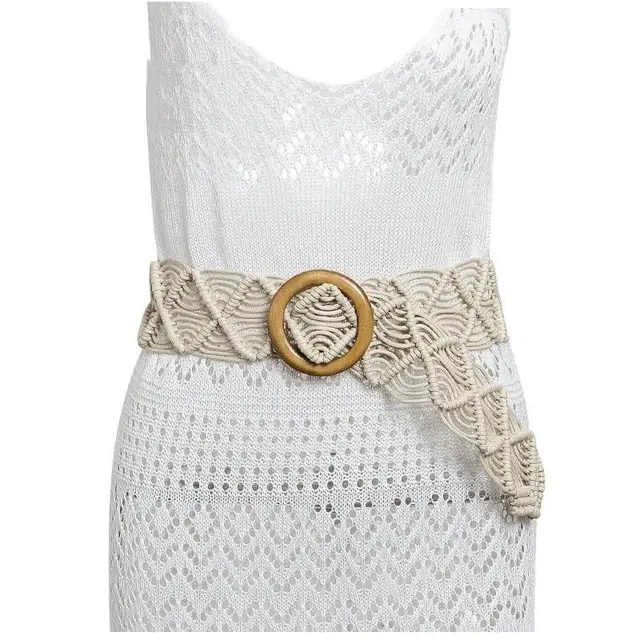 Vintage woven wooden buckle belt - Beige