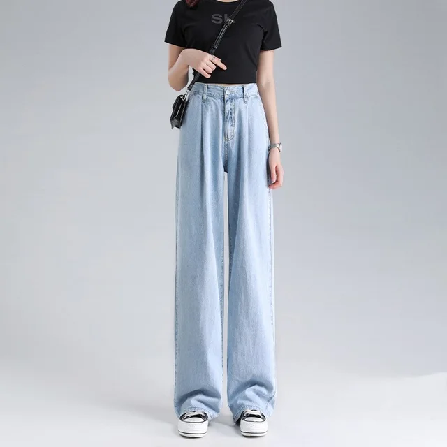 Tencel jeans wide leg pants for women in summer - Light Blue