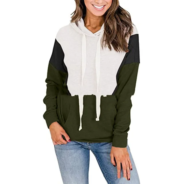 Stitching contrast color hooded sweater women Army Green - Shop at LoveMi
