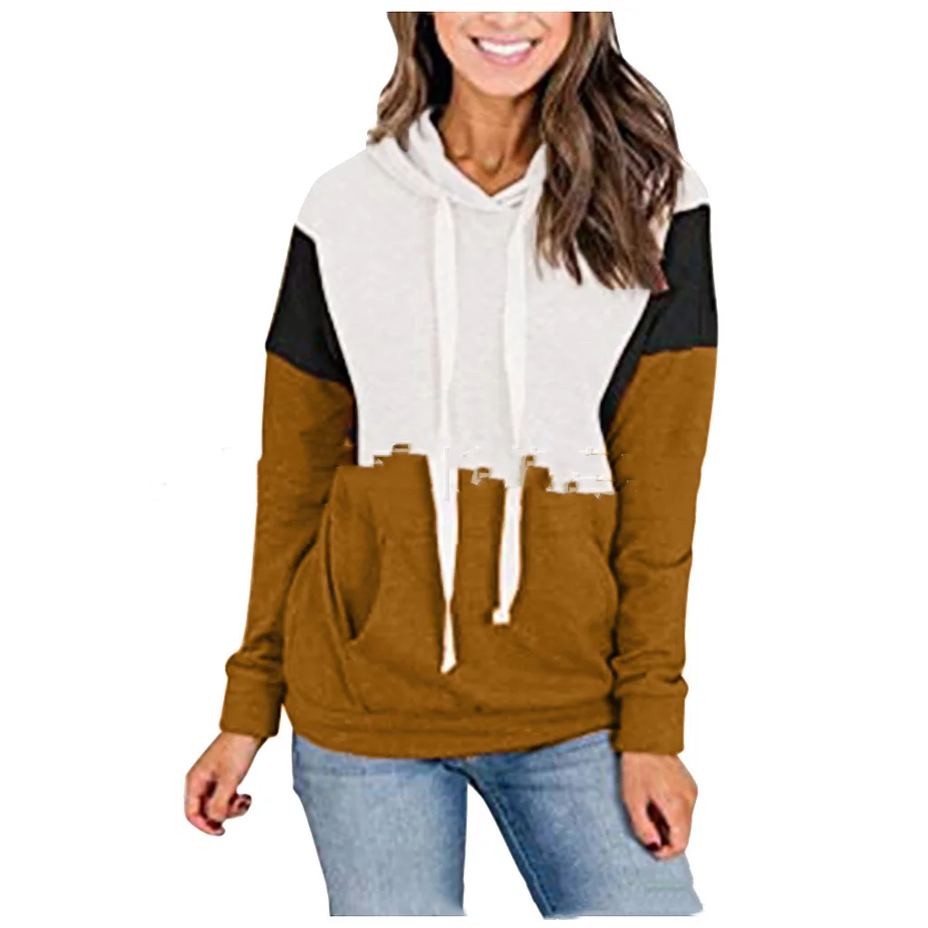 Stitching contrast color hooded sweater women - Brown