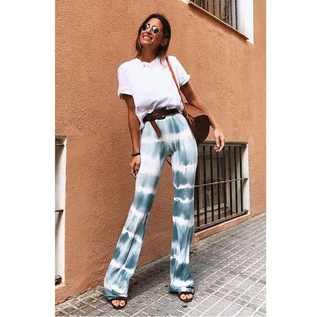 Loose Casual Printed Flared Trousers - Blue