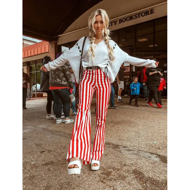 Loose Casual Printed Flared Trousers - Stripes