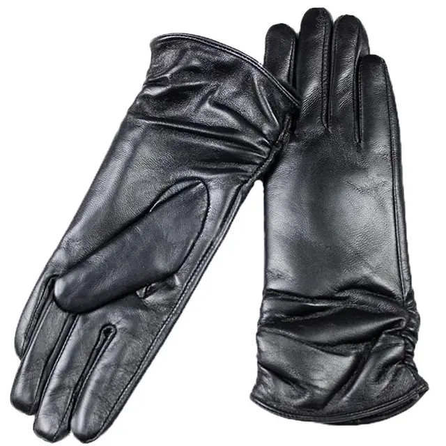Color Leather Lengthened Sheepskin Winter Plush Warm Gloves - Black