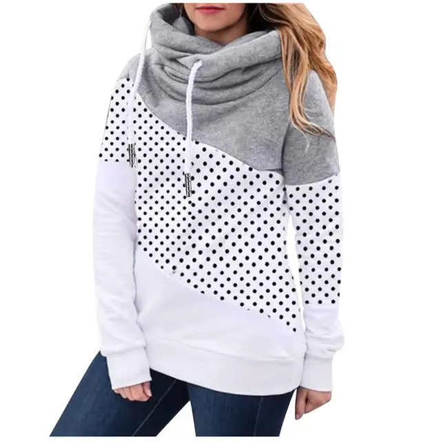 Fleece Ladies Fashion Contrast Stitching Hooded Sweater Grey - Shop at LoveMi
