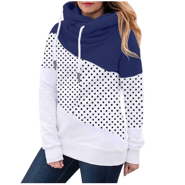 Fleece Ladies Fashion Contrast Stitching Hooded Sweater Navy - Shop at LoveMi