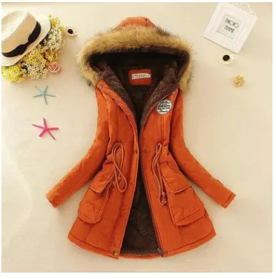 Thick Winter Jacket Women Large Size Long Section Hooded parka outerwear new fashion fur collar Slim padded cotton warm coat Orange - Shop at LoveMi