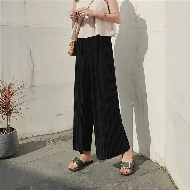 High waist pleated chiffon wide leg pants Black - Shop at LoveMi