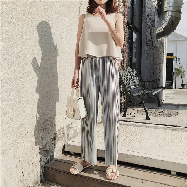 High waist pleated chiffon wide leg pants Light Grey - Shop at LoveMi