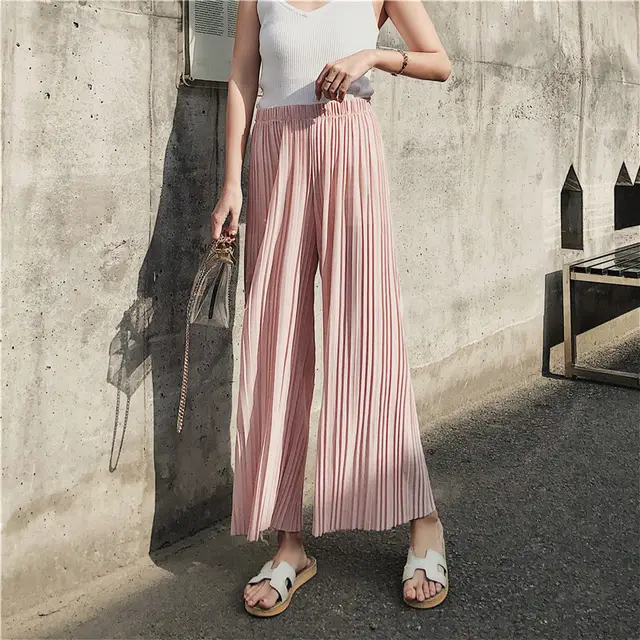 High waist pleated chiffon wide leg pants Pink - Shop at LoveMi