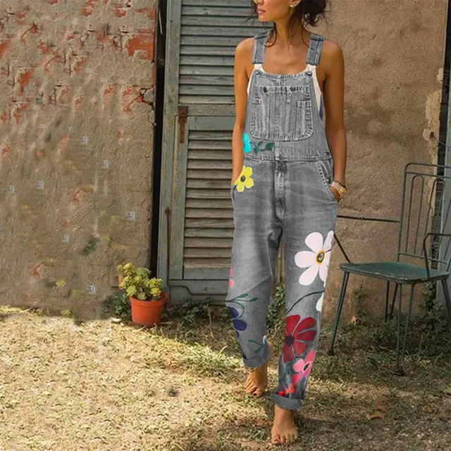 Floral Print Denim Overalls Long Trousers Jumpsuit With Pockets Grey - Shop at LoveMi