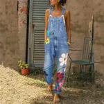 Floral Print Denim Overalls Long Trousers Jumpsuit With Pockets - Light Blue