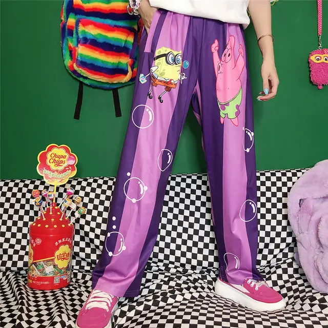 Cartoon loose wide leg flower pants - Purple