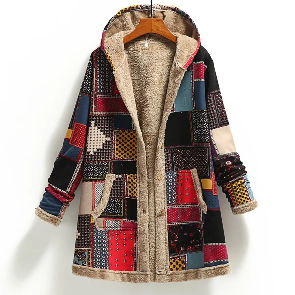 Cotton and linen printed hooded sweater warm plush jacket - Red