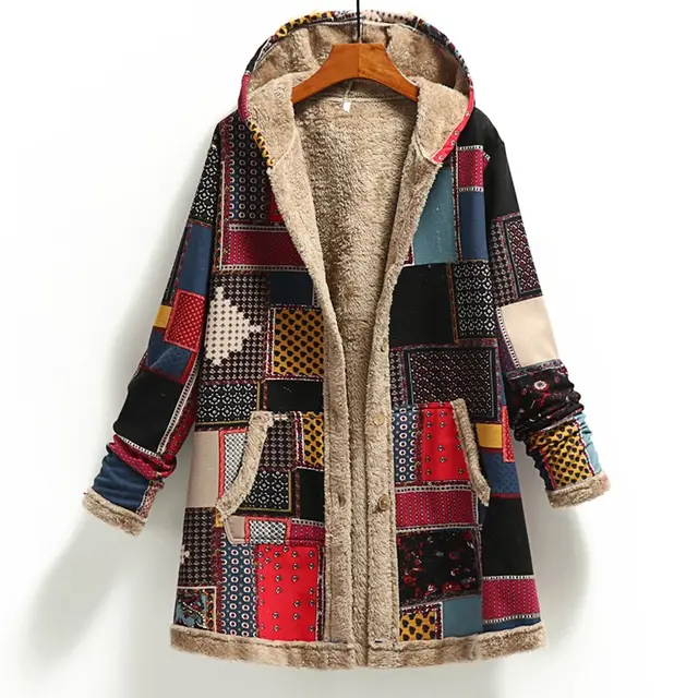 Cotton and linen printed hooded sweater warm plush jacket Red - Shop at LoveMi