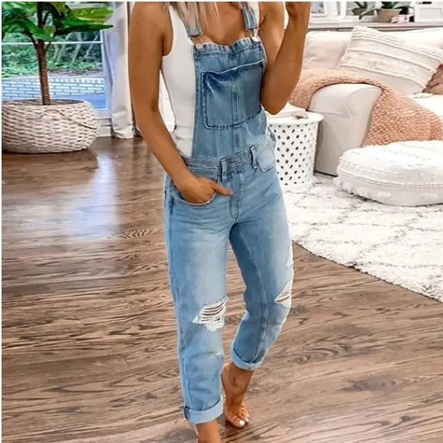Hole washed slim fit Jumpsuit - Blue