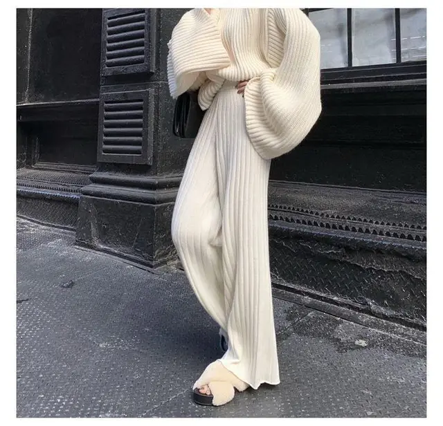Women's Thick Knitted Wide Leg Pants High Waist - Beige