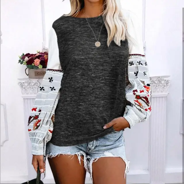 Round Neck Long Sleeve Printed Sweater Top Dark Gray - Shop at LoveMi
