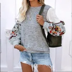Round Neck Long Sleeve Printed Sweater Top - Light Gray