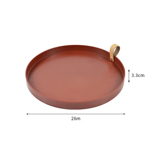 Zhubaijia Round Storage Plate Tabletop Tray Ornament Storage Plate Household Porch Leather Handle Burgundy - Shop at LoveMi