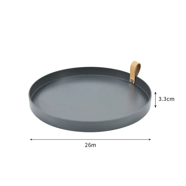 Zhubaijia Round Storage Plate Tabletop Tray Ornament Storage Plate Household Porch Leather Handle - Dark Grey