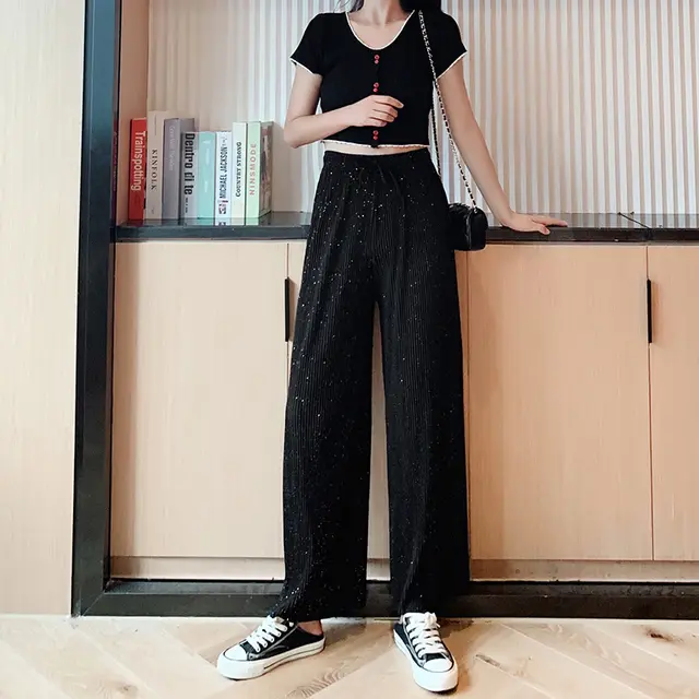 Chiffon trousers straight starry sky pants Black - Shop at LoveMi