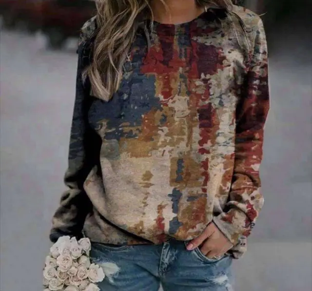 Women's loose top printed long sleeved sweater Red - Shop at LoveMi