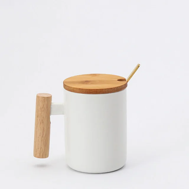 Simple Nordic style mug with solid color wooden handle - 1 Glossy White