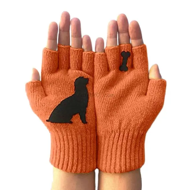 Womens Winter Knitted Fingerless Gloves - Orange - View 1