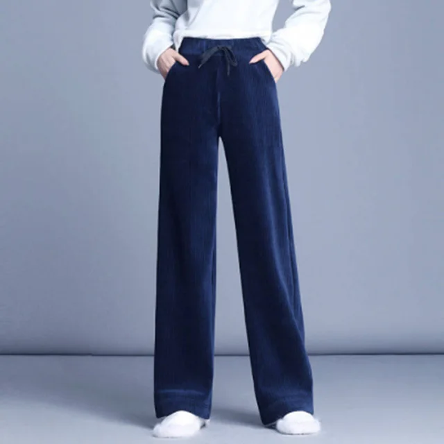 Fashion Straight Solid Pants Casual High Waist Plus Office Lady Elastic Waist Corduroy Royal Blue - Shop at LoveMi