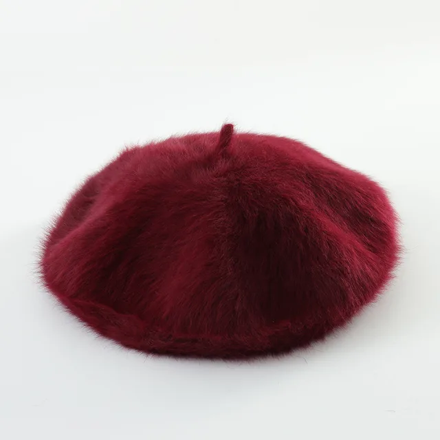 Solid color knitted plush beret - Wine Red